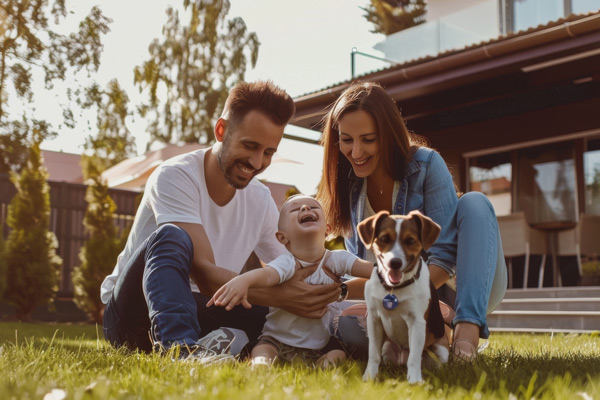 junge Familie mit Baby und Hund im Garten